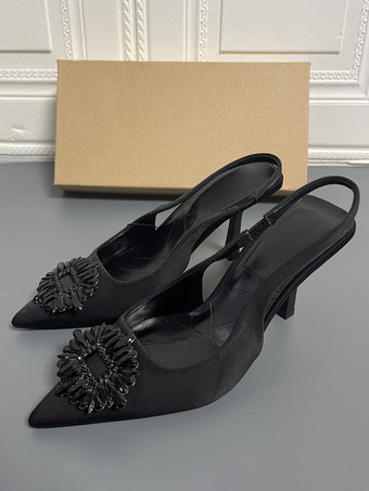 ブラック 女性用 スリングバック ヒール ラインストーン スティレットヒール パンプス ブラック PU レザー