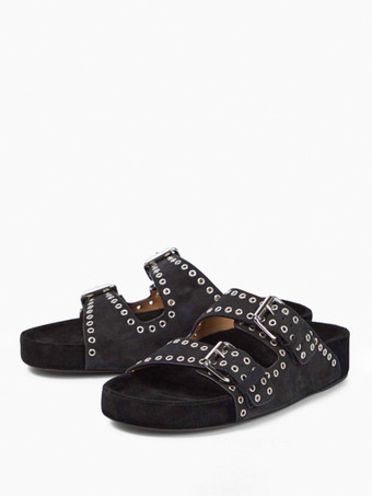 Black Slide Sandals Chic Buckle Nubuck Round Toe Sandal Slippers