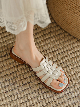 ホワイト スライド サンダル シックなスクエアトゥ カットアウト ビーチ スリッパ