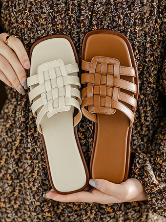 ホワイト スライド サンダル シックなスクエアトゥ カットアウト ビーチ スリッパ