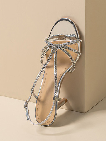 シルバーウェディングシューズレディースラインストーンラウンドトゥストラップハイヒールプロムシューズ