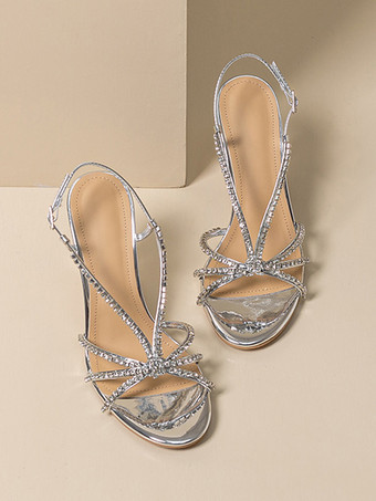 シルバーウェディングシューズレディースラインストーンラウンドトゥストラップハイヒールプロムシューズ