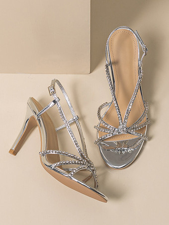 シルバーウェディングシューズレディースラインストーンラウンドトゥストラップハイヒールプロムシューズ