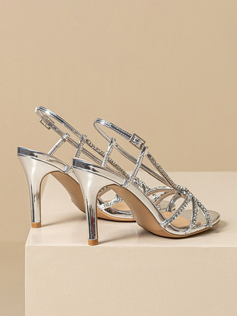 シルバーウェディングシューズレディースラインストーンラウンドトゥストラップハイヒールプロムシューズ