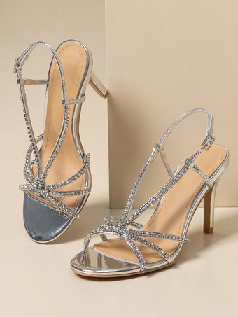 シルバー シルバーウェディングシューズレディースラインストーンラウンドトゥストラップハイヒールプロムシューズ