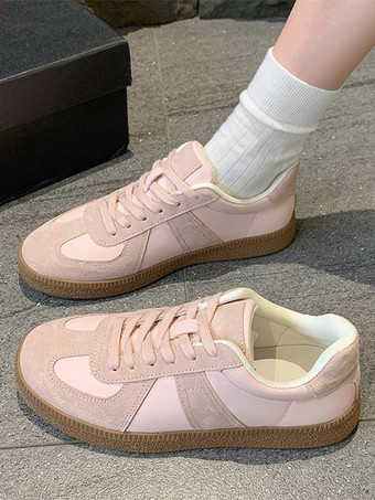 ピンクカーキ スニーカー レディース パッチワーク ラウンドトゥ カジュアル シューズ