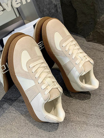 アイボリー カーキ スニーカー レディース パッチワーク ラウンドトゥ カジュアル シューズ