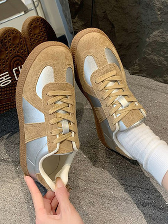 カーキ スニーカー レディース パッチワーク ラウンドトゥ カジュアル シューズ