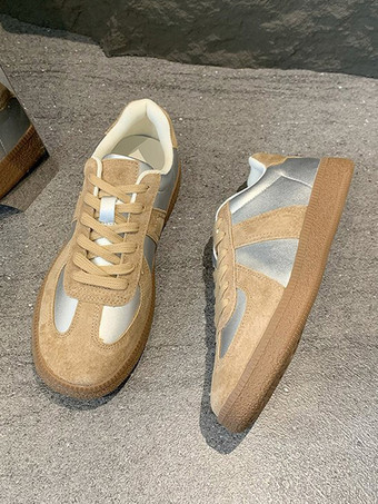 カーキ カーキ スニーカー レディース パッチワーク ラウンドトゥ カジュアル シューズ