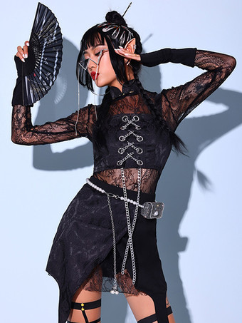 Black Jazz Dance Costumes Women's Polyester Skirt Jumpsuit Pants Dancing Wear