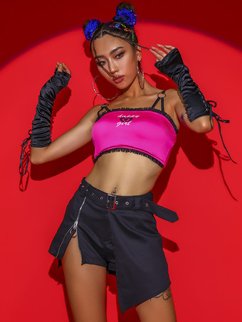 ブラック ジャズダンス衣装女の子ポリエステルスプリットスカートトップダンスウェア