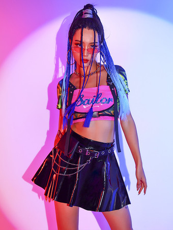 ブラック ジャズダンスコスチューム レディース ポリエステルトップスカート ダンスウェア