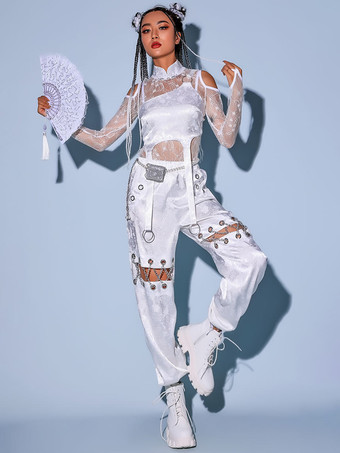 ホワイト ジャズダンス衣装女性用ポリエステルパンツトップダンスウェア