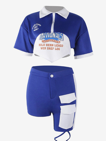 ブルー ジャズダンスコスチューム レディース ポリエステルパンツ トップ オーバーコート ダンスウェア