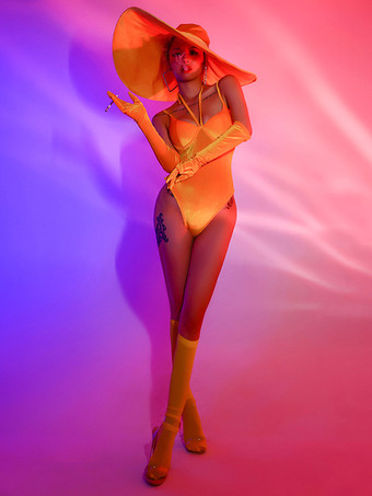 イエロージャズダンス衣装女の子のポリエステル帽子ジャンプスーツ手袋ダンスウェア