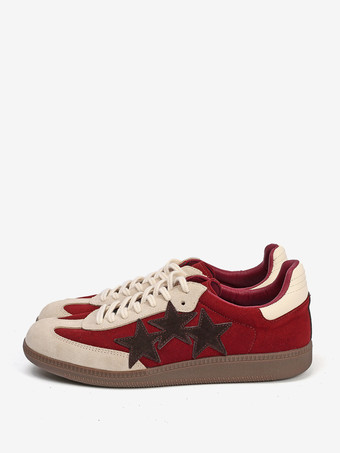 ワインレッド イエロー カジュアル スニーカー レディース スエード ラウンドトゥ スター プリント レースアップ スケート スニーカー