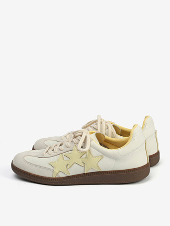 イエロー カジュアル スニーカー レディース スエード ラウンドトゥ スター プリント レースアップ スケート スニーカー
