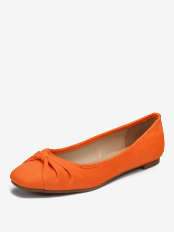 オレンジレディース バレリーナ フラット スクエアトゥ リボン 弾性生地 バレエ フラット