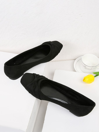 ブラック レディース バレリーナ フラット スクエアトゥ リボン 弾性生地 バレエ フラット