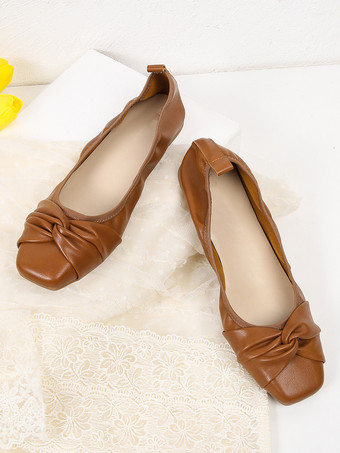 レッド バレエ フラット女性弓スクエアトゥ結び目スリッポン シューズ