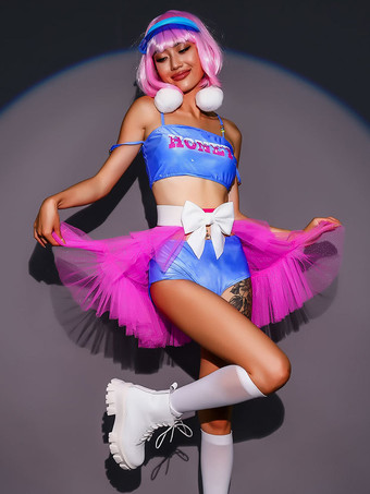 ブルー ジャズダンス衣装女性用ポリエステルスプリットスカートトップダンスウェア