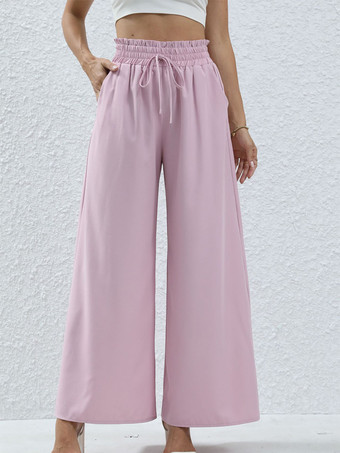 Wide Leg Pants High Waist Lace Up Pockets Trousers In Solid Color
