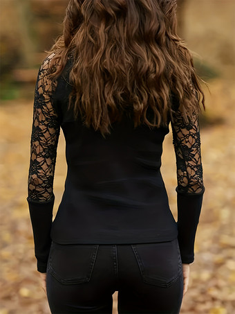 レース 長袖 Tシャツ ハイカラー ブラック セクシー レディース トップス