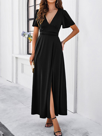 Party Dress V-Neck Short Sleeves Slit Dating Cocktail Maxi Dresses