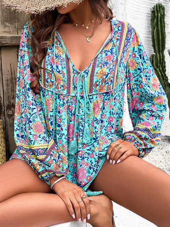 花柄ブラウス ノット Vネック ランタンスリーブ デイリーカジュアル レディース トップス