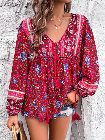 花柄ブラウス ノット Vネック ランタンスリーブ デイリーカジュアル レディース トップス