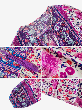 花柄ブラウス ノット Vネック ランタンスリーブ デイリーカジュアル レディース トップス