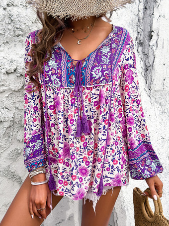 パープル 花柄ブラウス ノット Vネック ランタンスリーブ デイリーカジュアル レディース トップス