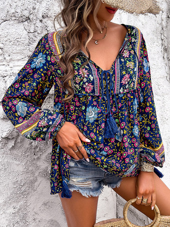 ダークネイビー花柄ブラウス ノット Vネック ランタンスリーブ デイリーカジュアル レディース トップス