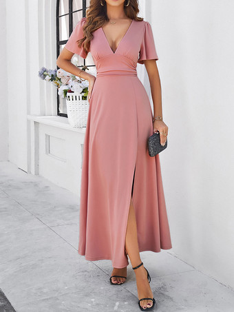 Party Dress V-Neck Short Sleeves Slit Dating Cocktail Maxi Dresses