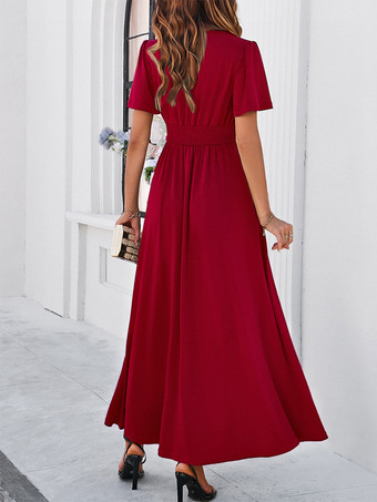 Party Dress V-Neck Short Sleeves Slit Dating Cocktail Maxi Dresses