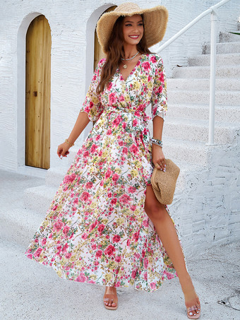 ホワイト プリントラップドレス Vネック ベルト付き ハーフスリーブ エレガント カジュアル マキシドレス