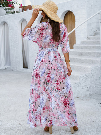 プリントラップドレス Vネック ベルト付き ハーフスリーブ エレガント カジュアル マキシドレス