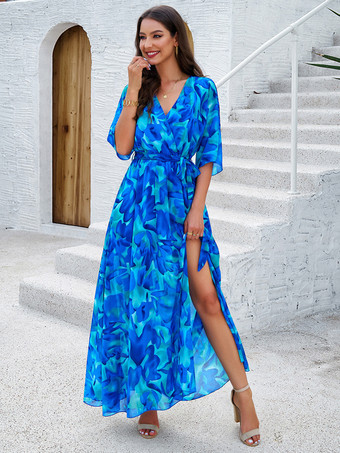ブルー プリントラップドレス Vネック ベルト付き ハーフスリーブ エレガント カジュアル マキシドレス