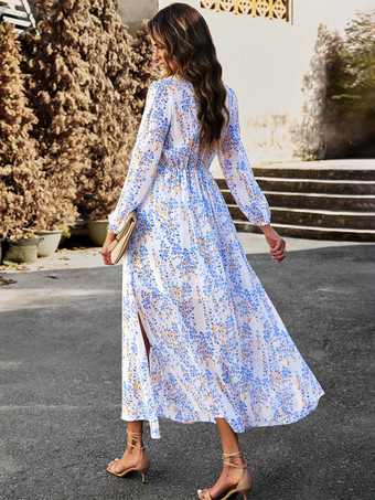 プリントドレス Vネック 長袖 フェイクラップ エレガント カジュアル マキシドレス