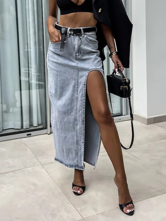 ライトスカイブルーブルーデニムスカート ハイウエスト スプリット 春夏 カジュアル レディース ボトム