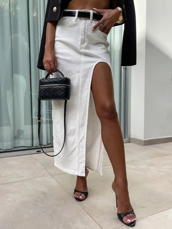 ホワイト ブルーデニムスカート ハイウエスト スプリット 春夏 カジュアル レディース ボトム