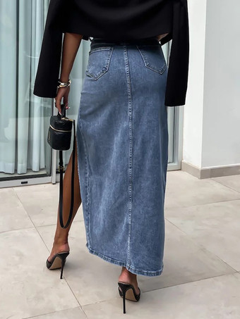 ブルーデニムスカート ハイウエスト スプリット 春夏 カジュアル レディース ボトム