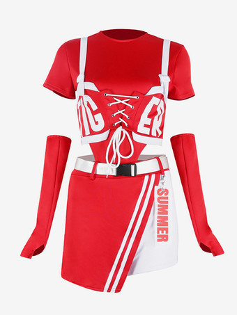 ジャズダンスコスチューム 女の子用ポリエステルパンツ サッシュ ジャンプスーツ グローブ スプリットスカート ダンスウェア