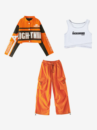 オレンジ ジャズダンス衣装女の子のポリエステルオーバーコートパンツトップダンスウェア