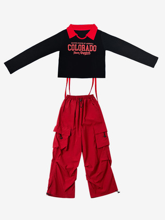 レッド＋ブラックジャズダンス衣装女の子ポリエステルパンツトップダンスウェア