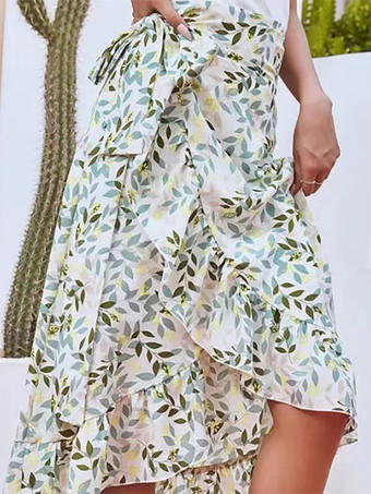 グラスグリーンフリルスカート ラップ ハイウエスト レースアップ ボヘミアン風 イレギュラースカート