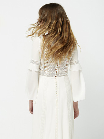 ボヘミアンウェディングドレス ストレッチクレープレース Aラインスイープ ナチュラルウエスト ウェディングドレス 機能ボタン 長袖 Vネック アイボリー