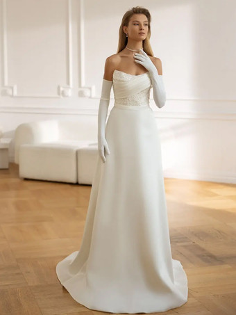 ヴィンテージウェディングドレスストラップレスノースリーブナチュラルウエストサテン生地トレインレース伝統的なドレス花嫁のための