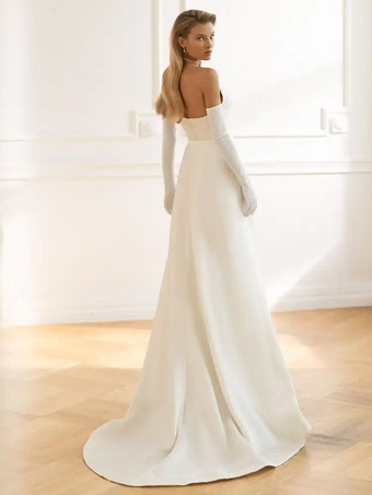 ヴィンテージウェディングドレスストラップレスノースリーブナチュラルウエストサテン生地トレインレース伝統的なドレス花嫁のための