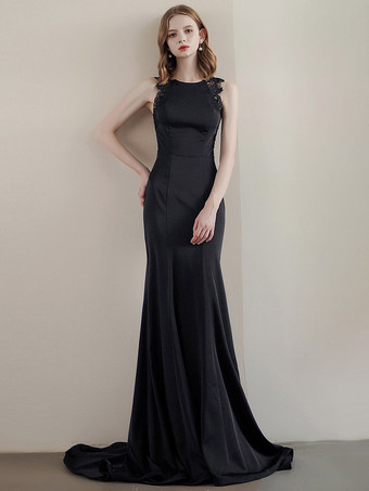 黒のウェディングドレスマーメイドノースリーブレースストレッチクレープトレインブライダルドレス